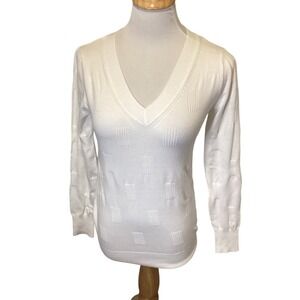 ARACH&CLOZ Womens White V Neck Long Sleeve Textured Knit Sweater Top Size‎ S